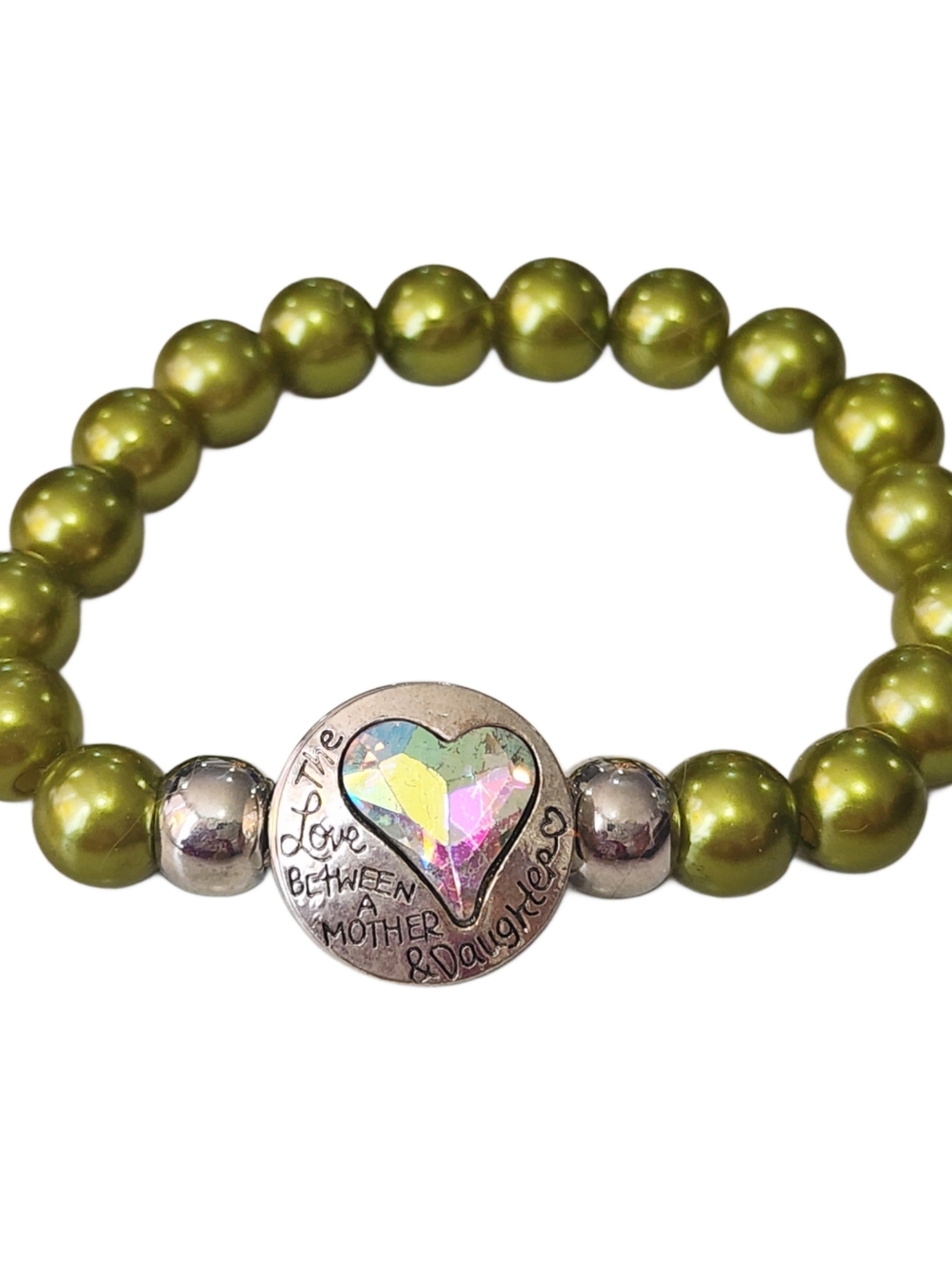 2FOR$30 - Elegant Green Beaded Stretch Bracelet With Interchangeable Mom Charm